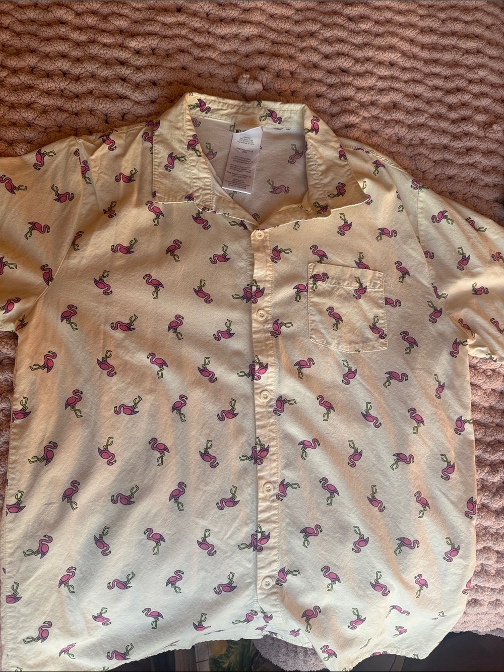 Casual Cream Short-Sleeve Button-Down Shirt with Pink Flamingo Print